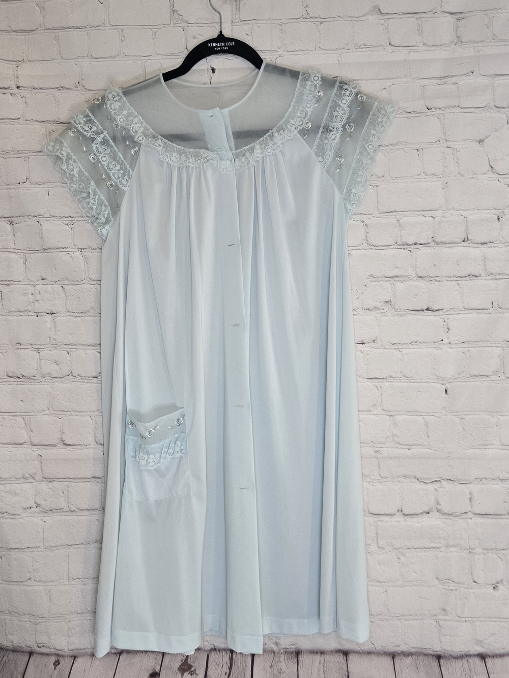American‎ Vtg 60s 70s Shadowline Nylon Peignoir Ruffle Floral Yolk Blue Coquette